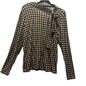Ann Taylor Black and Tan Plaid LongSleeve Top with Bow Tie Accent Size Large EUC